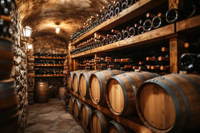 A rustic wine cellar featuring wooden barrels and shelves brimming with a variety of wine bottles ready for aging