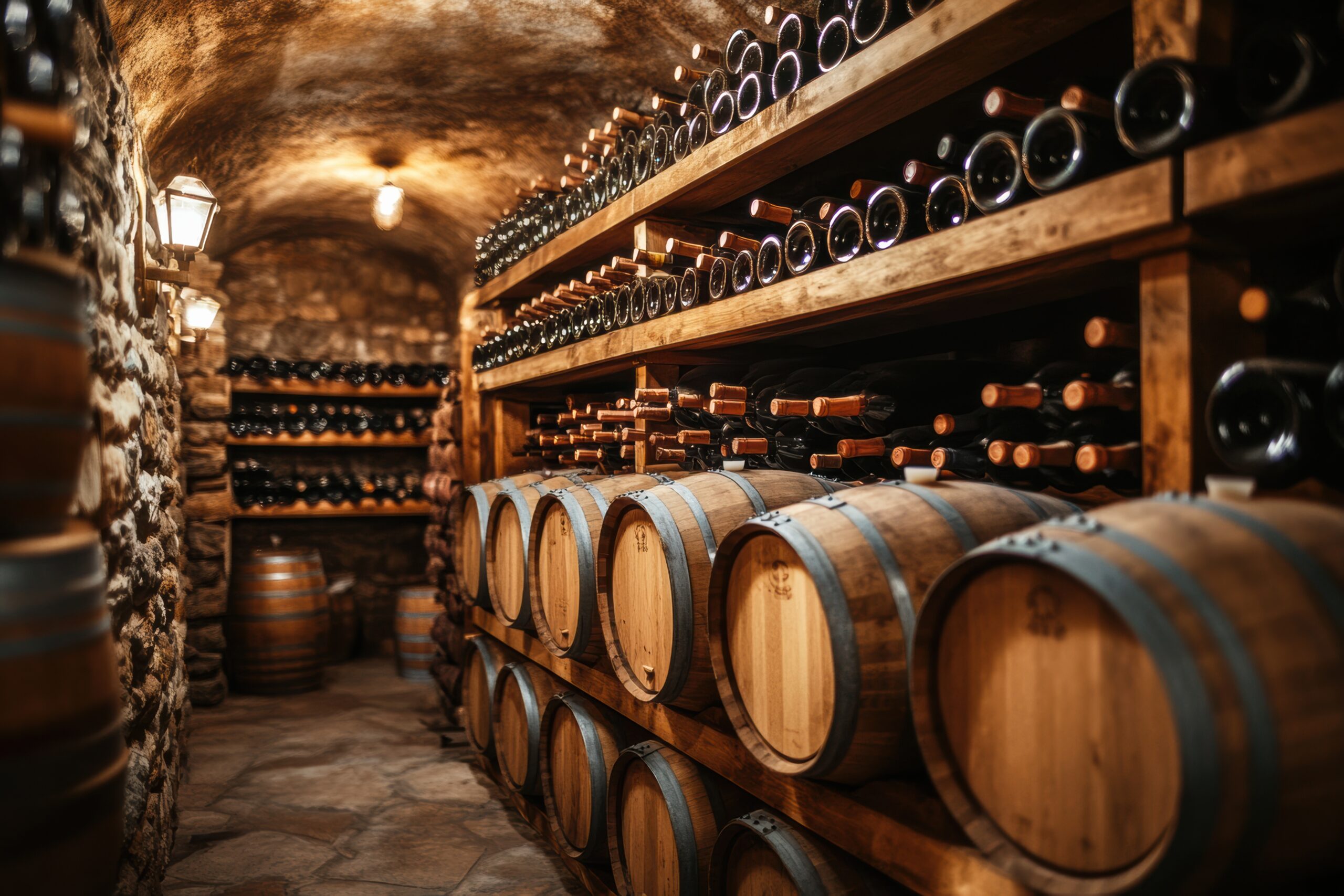 A rustic wine cellar featuring wooden barrels and shelves brimming with a variety of wine bottles ready for aging